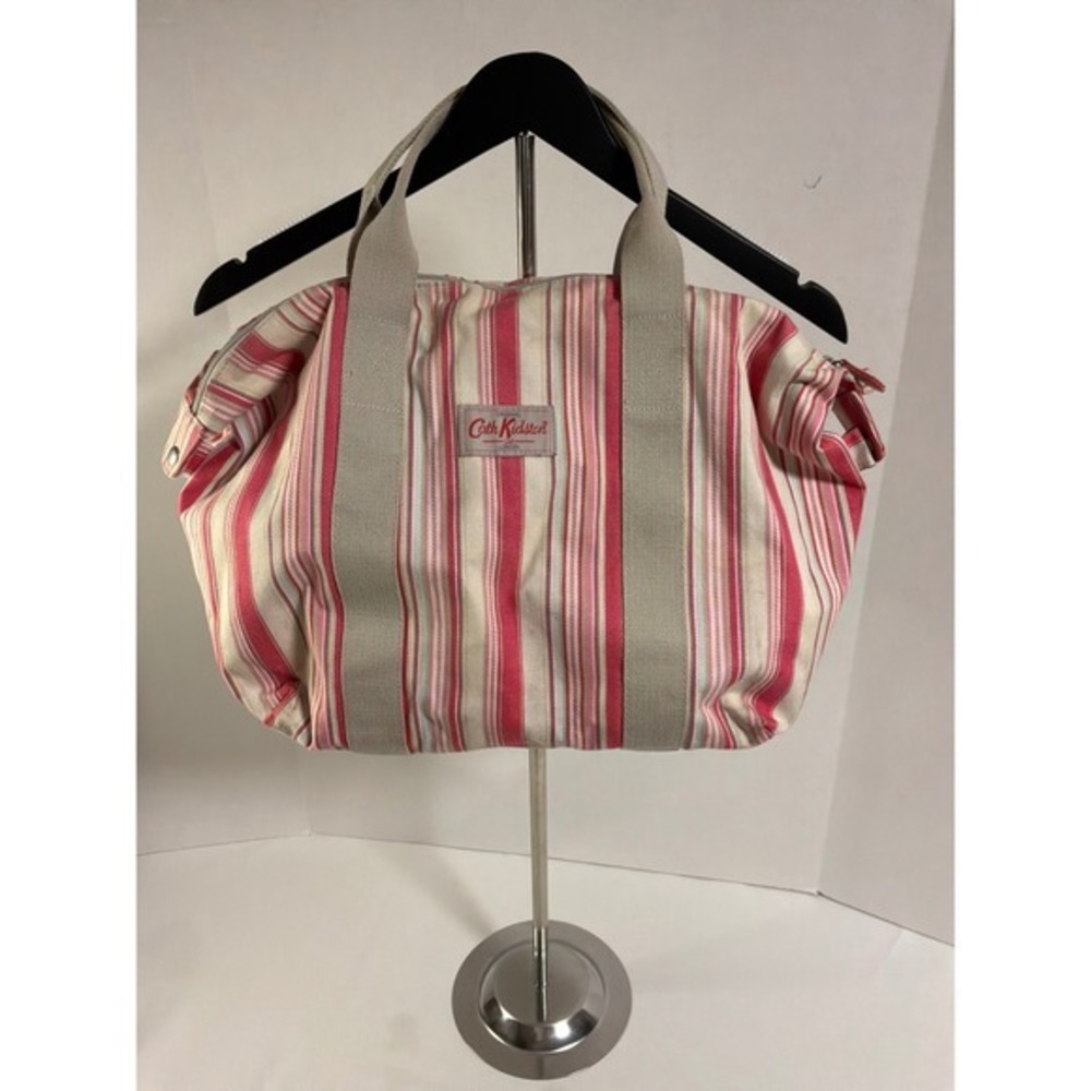 Cath Kidston Tote Bag Large Red Pink Striped Canvas Zip Top Travel Beach Bag